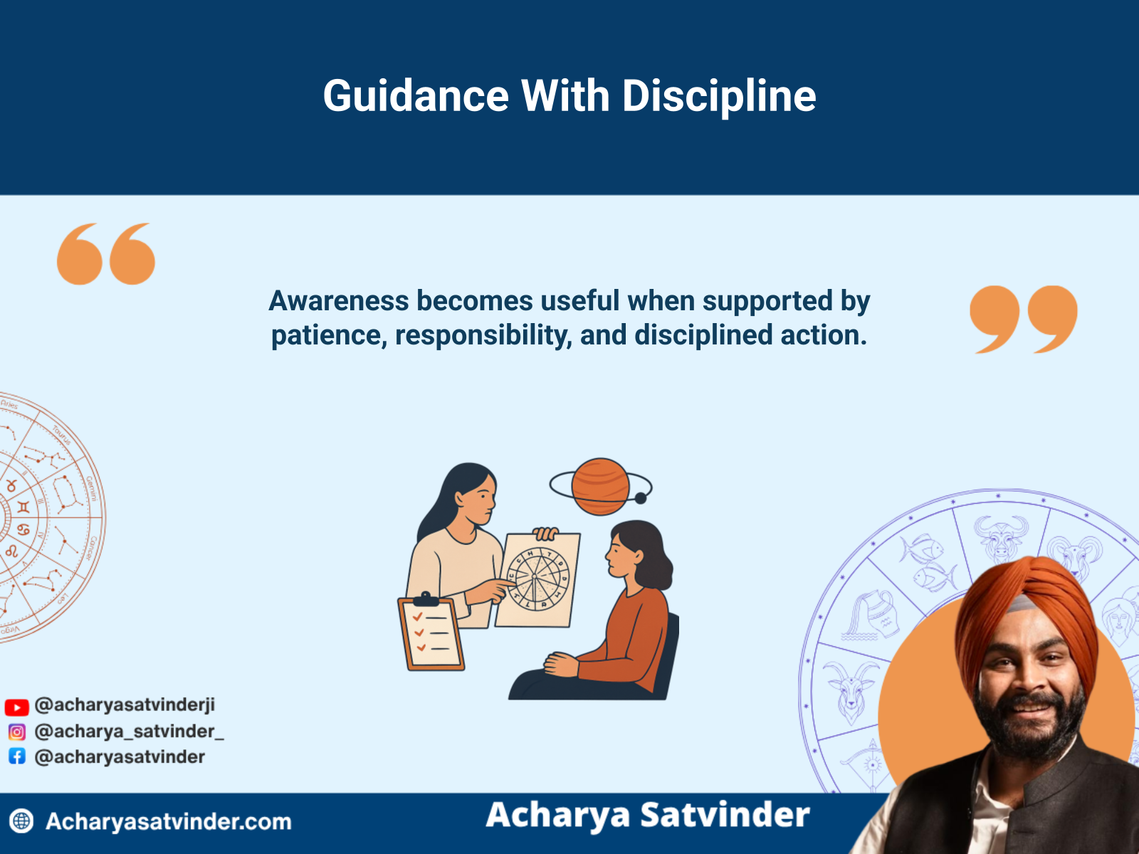 Astrology advisor offering calm chart guidance centred on awareness and discipline