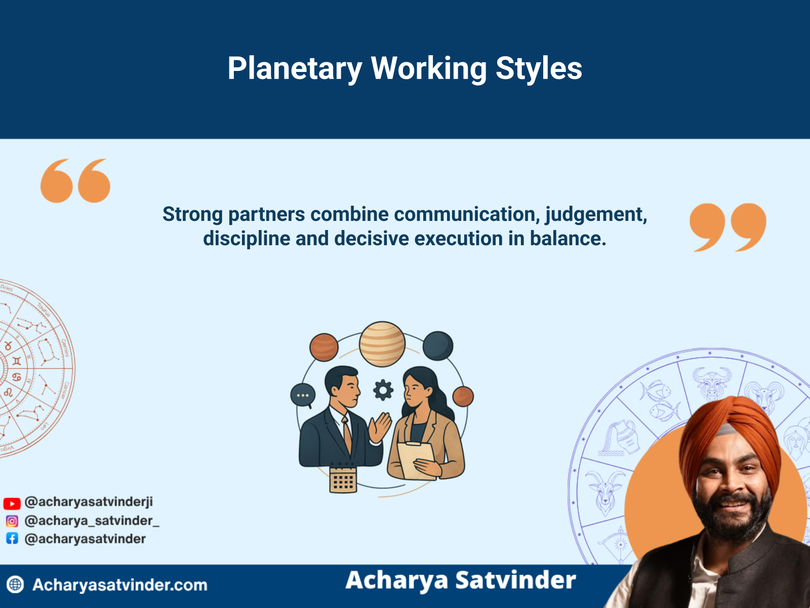 Planetary influences illustrating complementary working styles between business partners
