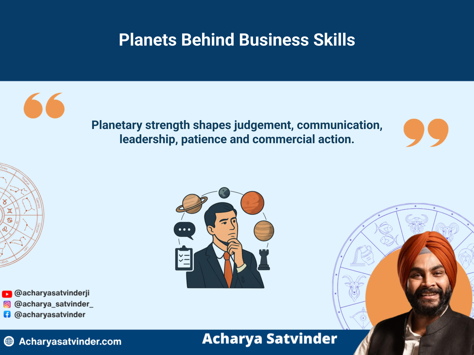 Planets surrounding a business professional to represent judgement, communication and leadership skills