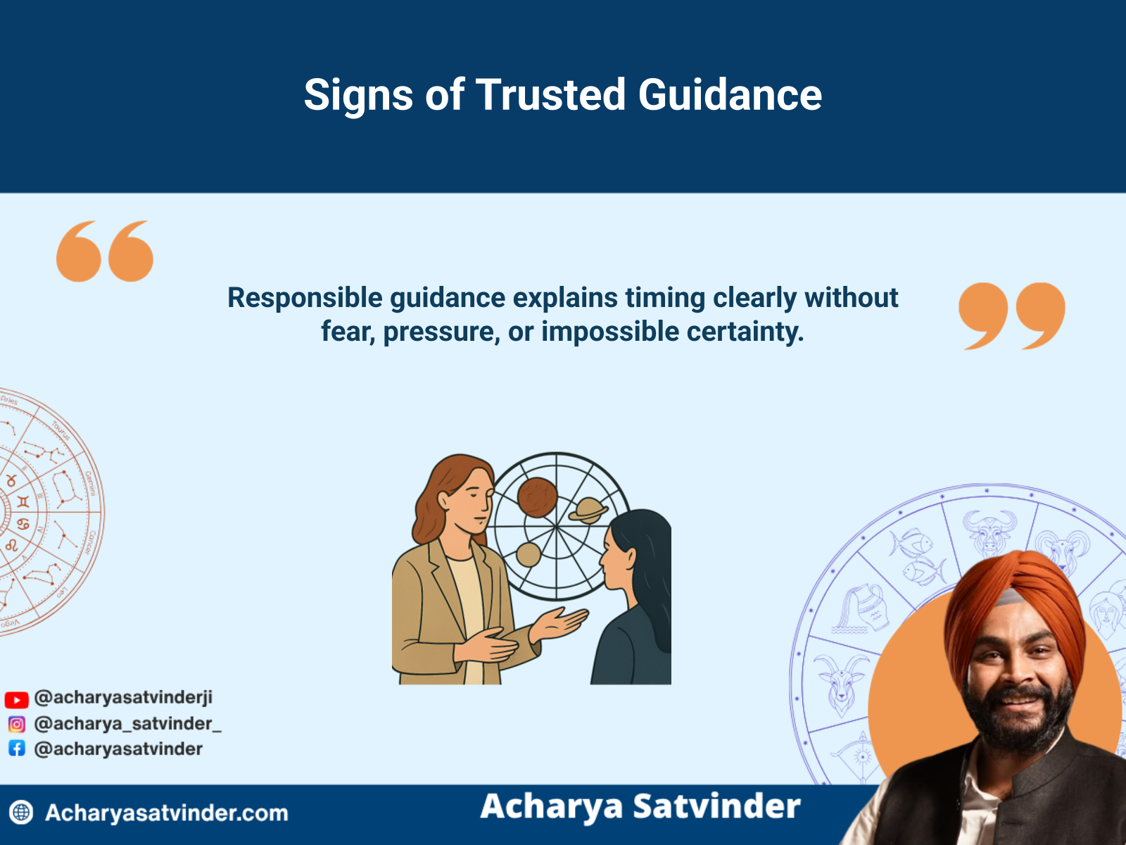 Responsible Vedic astrologer explaining chart timing clearly to a seeker