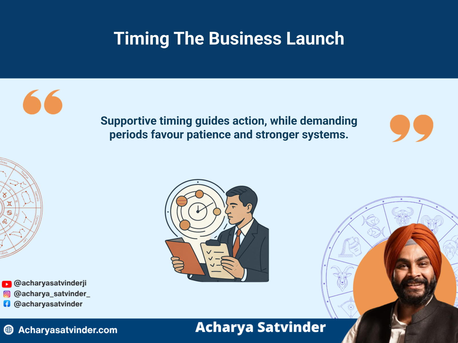 Entrepreneur reviewing planetary timing and operational readiness for a business launch