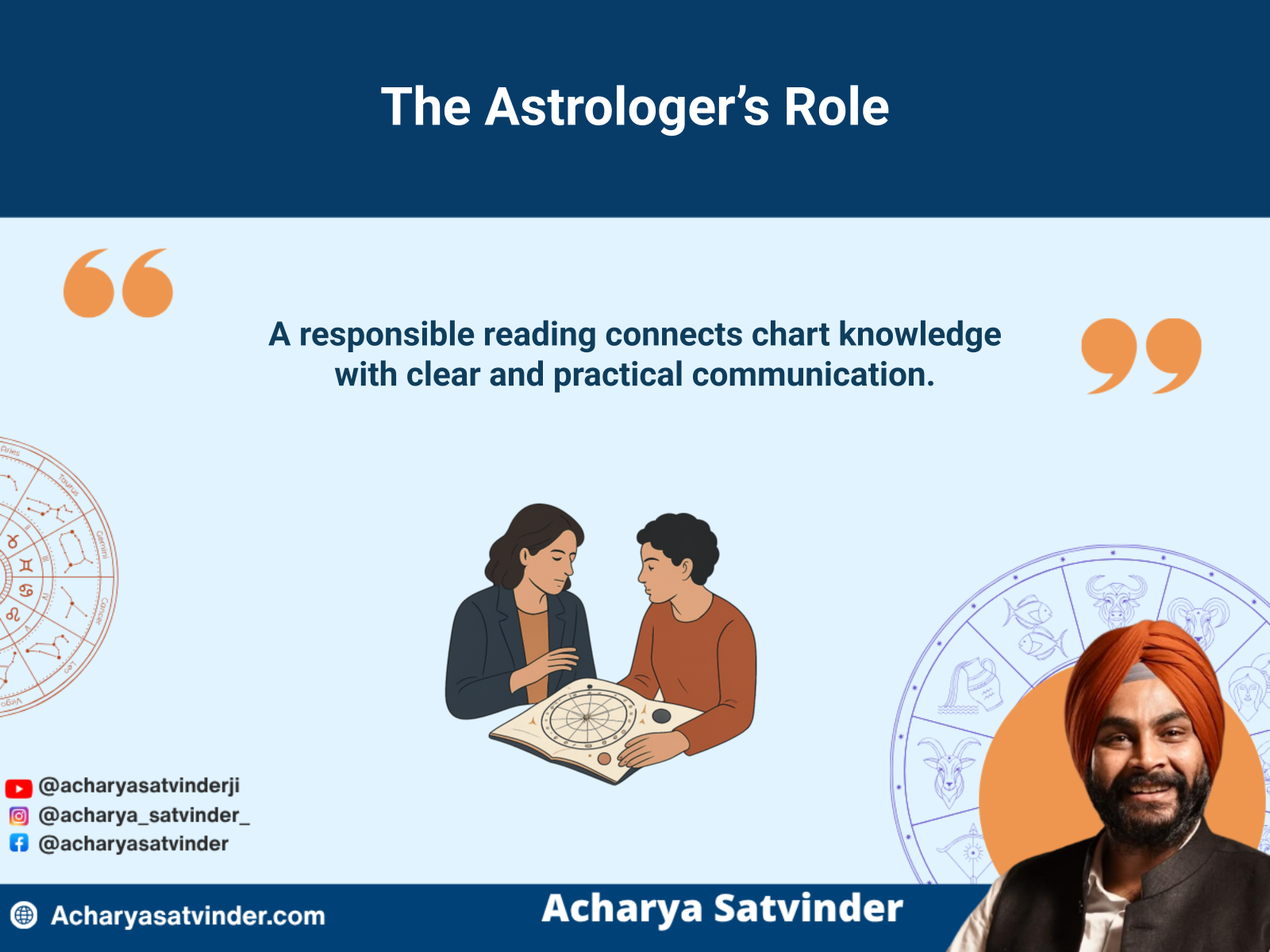 Vedic astrologer explaining birth chart patterns during a responsible consultation
